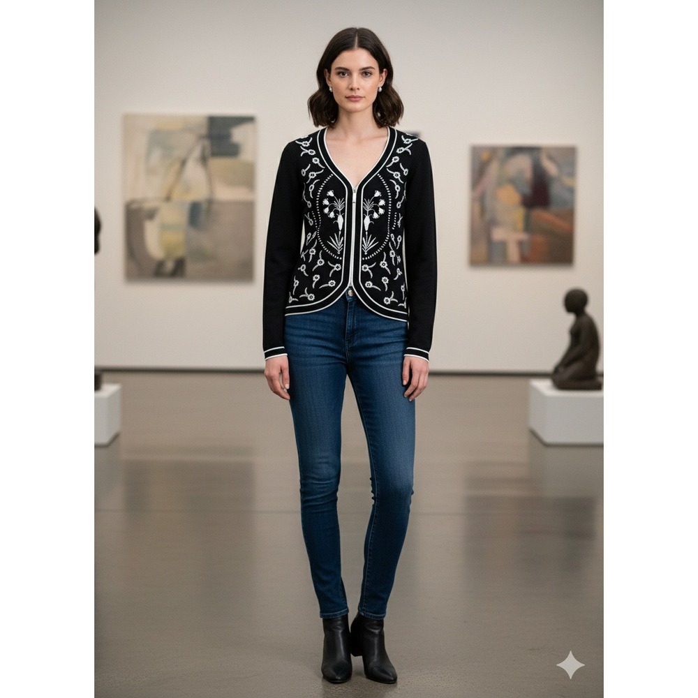 BCBGMAXAZRIA Black Floral Embroidered FullZip Cardigan Sweater Outdoor Women XS